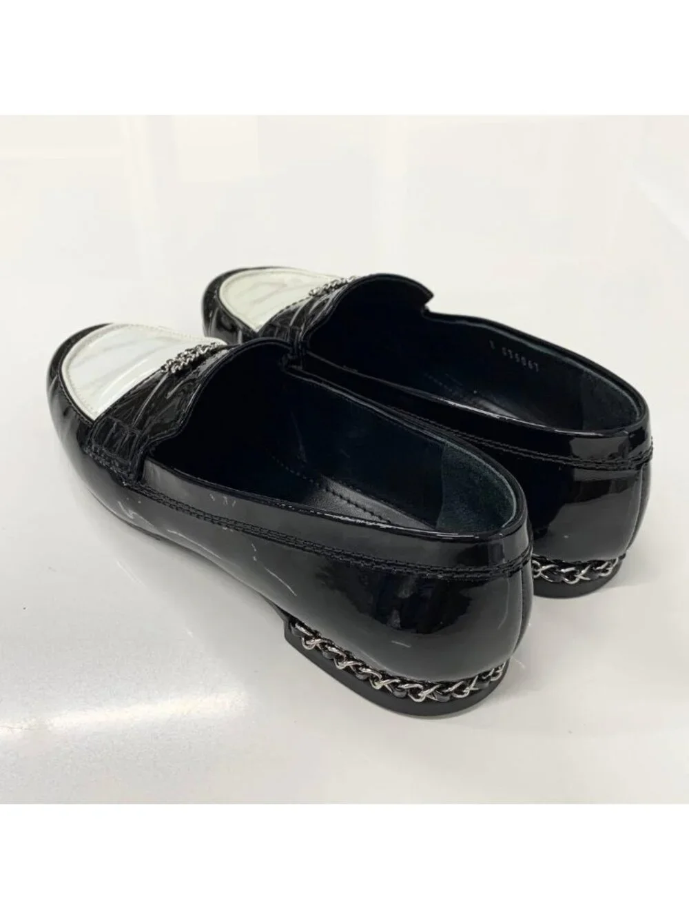Chanel Patent Coco Mark Chain Loafers Black White